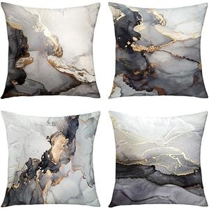 GALMAXS7 Marble Texture Black and Gold Silver Decorative Throw Pillow Covers Luxury Abstract Fluid Art Ink Soft Velvet Pillow Case Square Cushion Covers for Couch Living Room 20 x 20 Inch, Set of 4