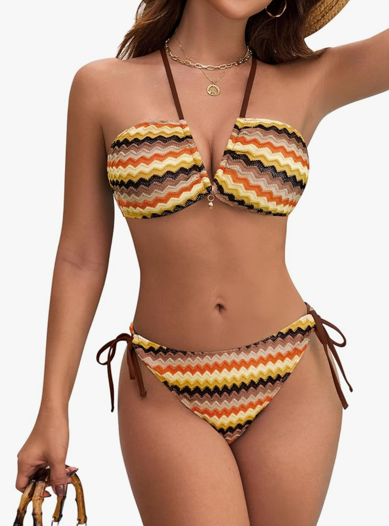 Blooming Jelly Women's Bikini Sets Sexy Two Piece Swimsuit Cheeky Colorblock Stripes String Mid Rise Bathing Suit Size M