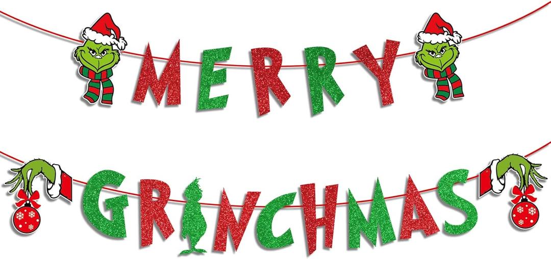 Glitter Merry Christmas Banner - Red Green Glittery Xmas Garland for Home Wall Mantle Fireplace Party Decorations and Supplies