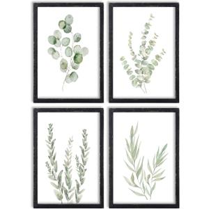 Botanical Wall Decor Sign 16x11 Inch Set of 4 Sage Green Plants Wood Framed For Bathroom Modren Bedroom Aesthetic Watercolor Laundry Room Art Wall Hanging (Black)