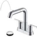 KENES Chrome Centerset Bathroom Faucet with Pull Out Sprayer, 4 Inch 2 Handle Pull Down Bathroom Faucet 3 Hole, Bathroom Sink Faucet with Pop Up Drain & Supply Lines LJ-9059A-5