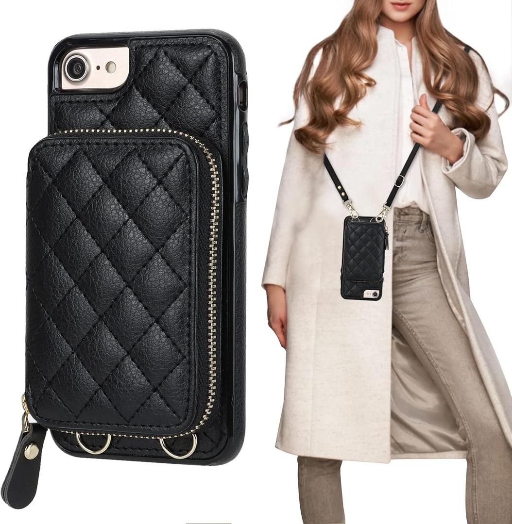 Bocasal Crossbody Wallet Case for iPhone SE 2022/SE 2020/8/7, RFID Blocking PU Leather Zipper Handbag Purse Flip Cover, Kickstand Folio Case with Card Slots Holder Wrist Strap Lanyard 4.7 Inch (Black)