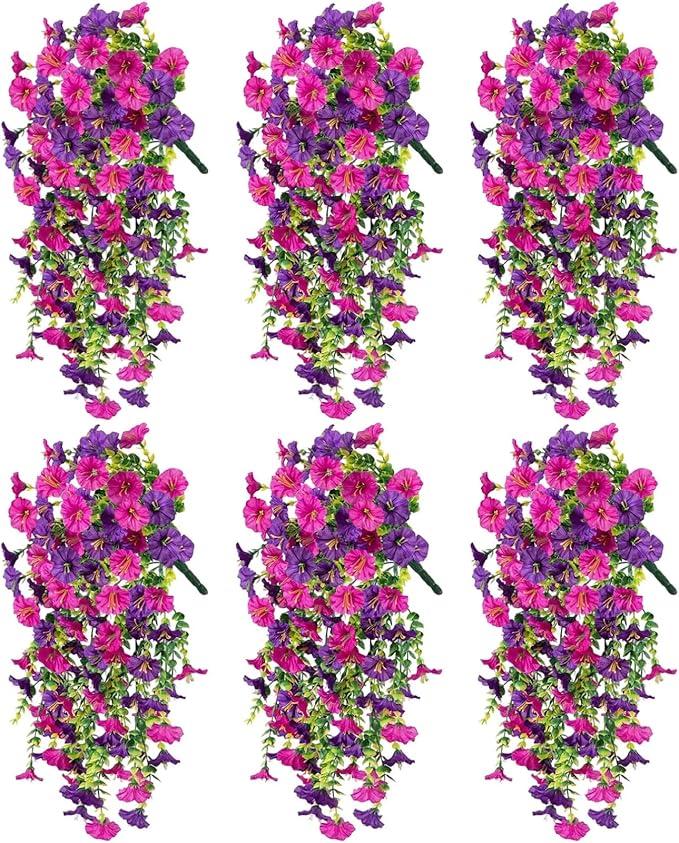 Artificial Hanging Flowers for Outdoors 6PCS Fake Morning GloryUV Resistant, Waterproof Silk Flowers with Eucalyptus Leaves