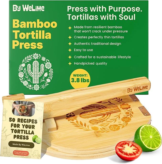 Wooden Tortilla Press By WeLime - Prensa para Tortillas, Great for Taco Tuesday, Kitchen gift, with 50 Parchment Paper Sheets, Anti Slip Pads, Manual and Digital Cookbook, Made of Durable Bamboo (10")