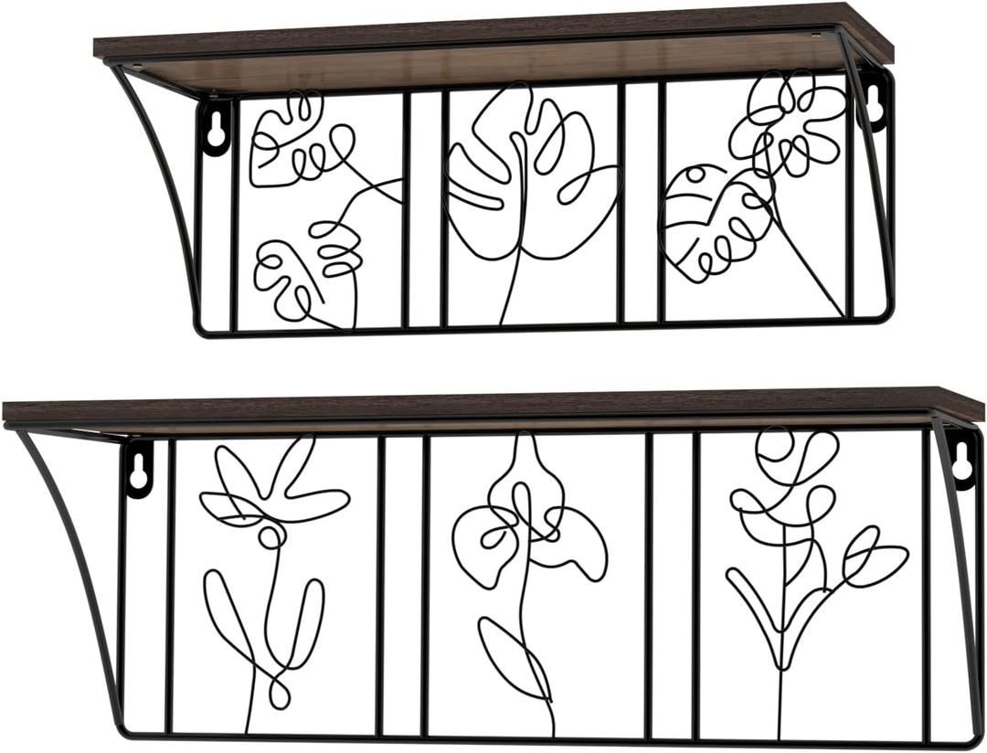 QUTREY Plant Wall Art Floating Shelves Set of 2, Minimalist Metal Abstract Decor Rustic Wooden Shelf for Living Room, Bedroom, Bathroom (Brown&Black)