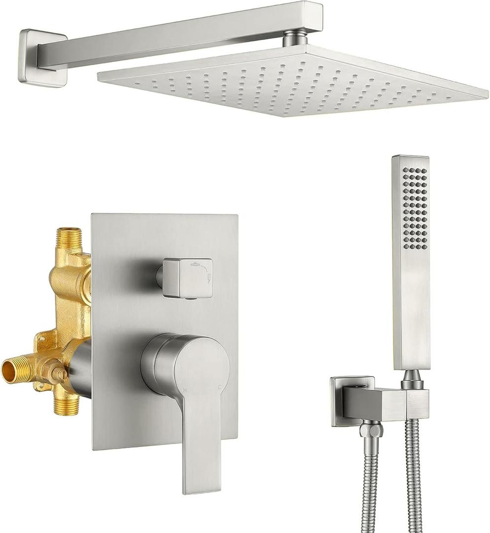 SHAMANDA Brass Rainfall Shower System, Luxuly Bathroom Shower Faucet Combo Set Brushed Nickel(Including Rough-In Valve Body and Trim)L70001-2