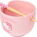 Silver Buffalo Sanrio Hello Kitty Strawberry Milk Japanese Character Ceramic Ramen Noodle Rice Bowl with Chopsticks, Microwave Safe, Pink, 20 Ounces