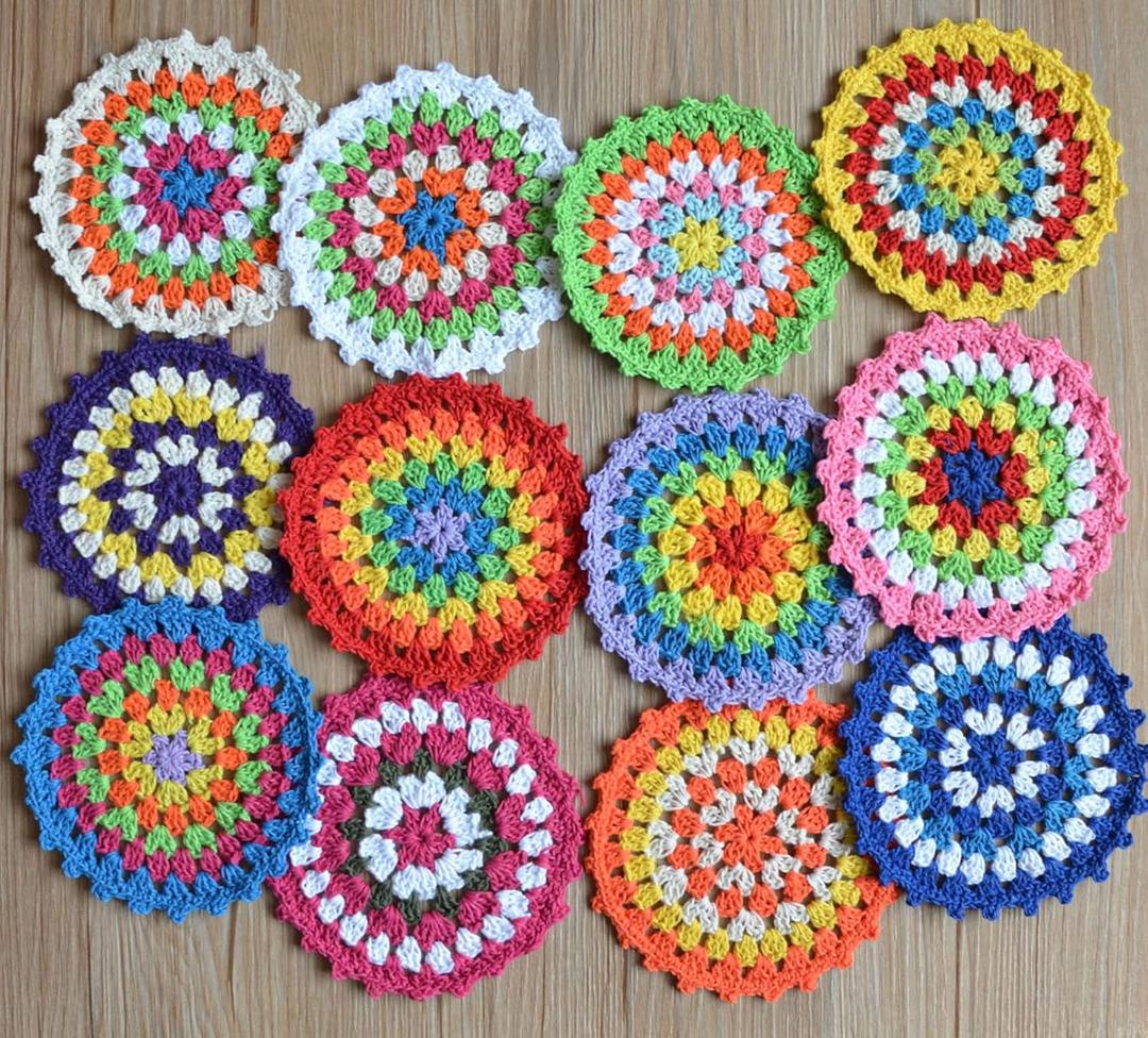 12 Assorted Crochet Round Granny Squares Rainbow Doilies Lot for DIY Crafts Bar Coasters Plant Mats