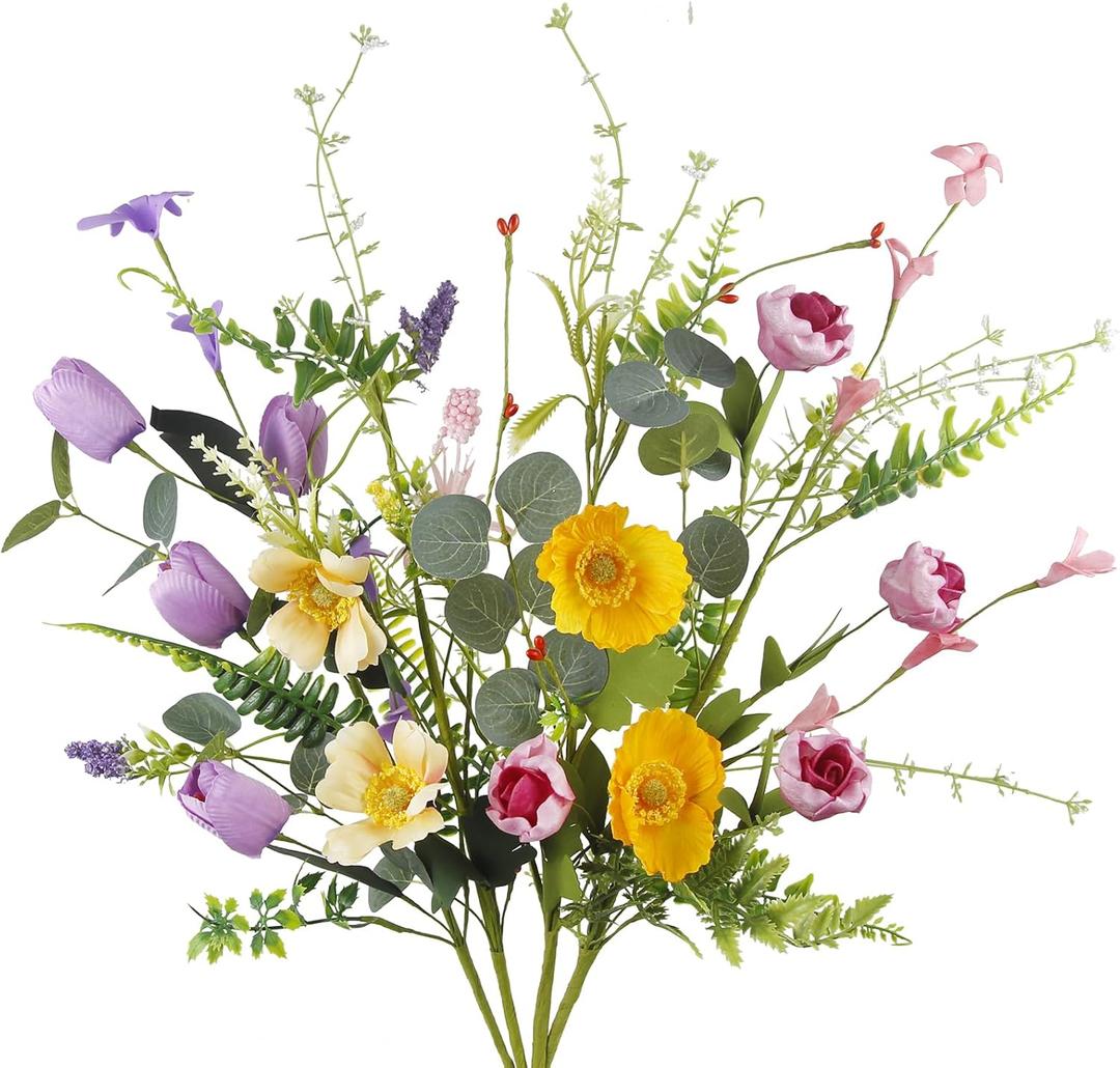 CISDUEO 4 Pcs Wildflowers Artificial Flowers Daisies Roses and Poppies Faux Wildflowers Summer Flowers Artificial for Decoration Spring Silk Floral Arrangement Wedding Party Table Centerpieces Home 4 Pcs-colorful Wildflowers