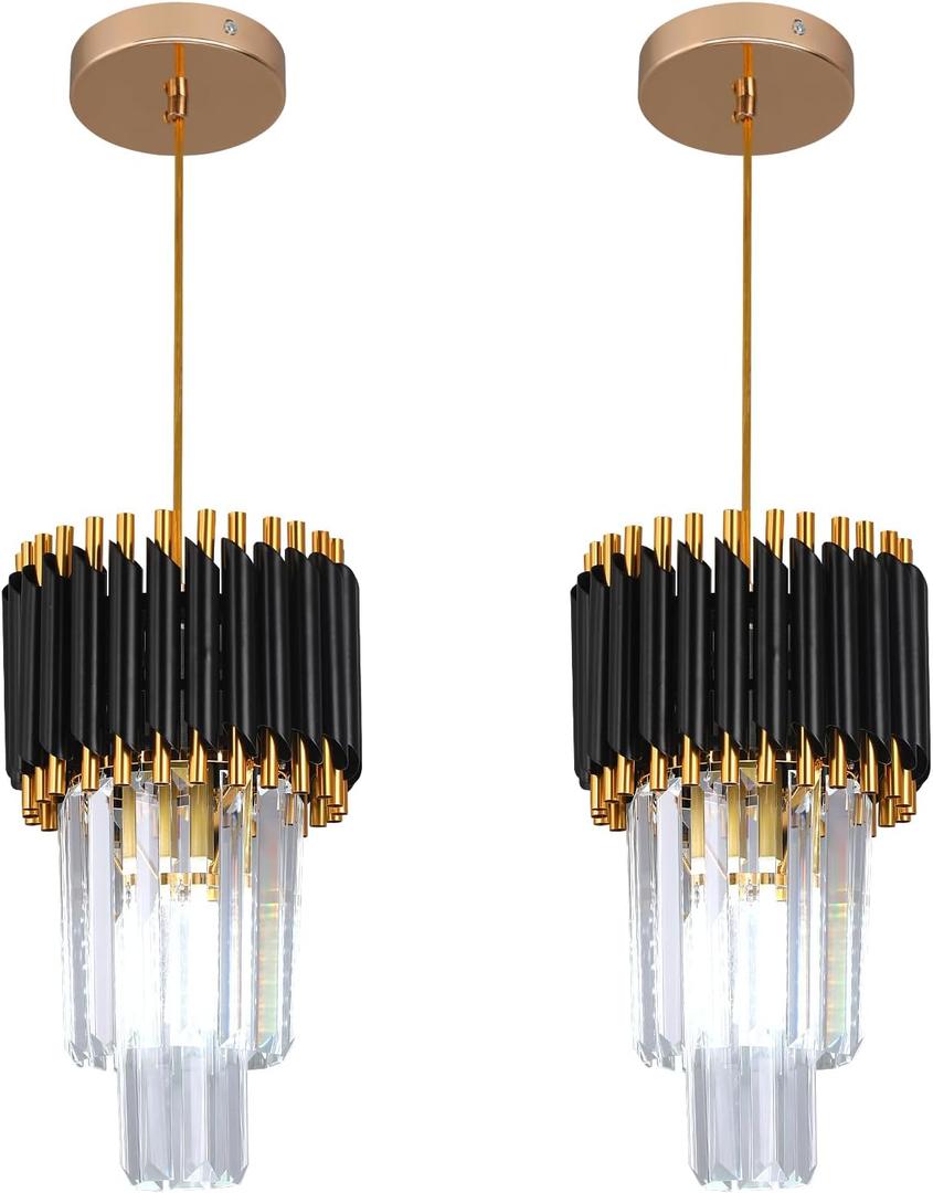 2 Pack Crystal Pendant Lights, Modern Black and Gold Chandelier Hanging Light Fixtures for Kitchen Island, Dining Room, and Bedroom, Adjustable Pendant Lighting D7.9 x H12.6 with Bulb, one size