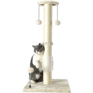 PEEKAB 32" Tall Cat Scratching Post Sisal Rope Scratch Posts with Hanging Ball and Self-Massage Brush Vertical Scratcher for Indoor Cats and Kittens(Beige 32inches)
