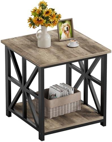GreenForest End Table with 2-Tier Storage Shelf, 24 inch Large Side Table for Living Room,Modern Nightstand for Bedroom Bedside Office Farmhouse, Grey Wash