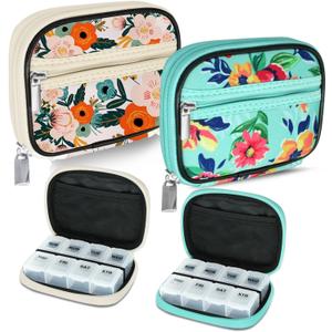 Serfeymi Weekly Travel Pill Organizer Pill Case for Purse with Removable 7 Day Pill Box, Fashionable Travel Medicine Organizer Pill Container for Medicine, Vitamin, Supplement - Bloom 01 + Green 01