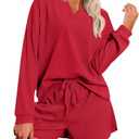 Ekouaer Pajama Set for Women Waffle Knit Lounge Sets Long Sleeve Top and Shorts Sleepwear Matching Loungewear,Red,S
