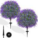 27.5" Artificial Lavender Boxwood Topiary Ball Trees, Set of 2 Fake Shrubs Bushes with Ground Spike, UV Resistant Faux Evergreen Tree for Front Porch Outdoor Garden Decor