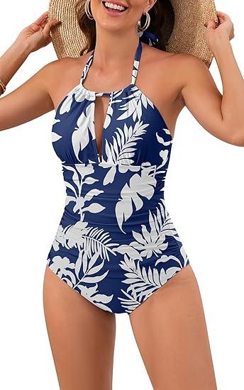 B2prity Women's Slimming One Piece Swimsuits Tummy Control Bathing Suit Halter Swimwear for Big Busted Curvy Woman, L