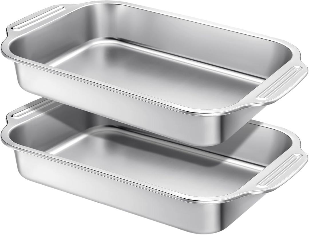 Funnymoom 2 Pcs Stainless Steel Cake Pan Rectangle Sheet Baking Pan Bakeware for Fish Cakes Breads Casseroles Fish Vegetables Dishwasher Safe(Handle,12" X 8" X 2.17")