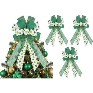 Suncalla 4 Pack Large Spring Bows for Wreath 21x11 Inch Green Shamrock Tree Topper Bow Clover Burlap Bowknot Holiday Crafts with Wired Edge for Basket Front Door Wall Outdoor Decor Ornament