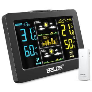 Wireless Weather Station with Outdoor Sensor, Indoor Outdoor Thermometer Hygrometer, HD Color Display, Smart Backlight, Rechargeable Battery Temperature Humidity Monitor (Black)