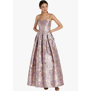 Long Metallic Jacquard Ballgown W/Spaghetti Straps & Cut Out Back Size 3Us