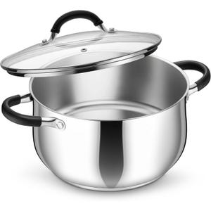 P&P CHEF Stainless Steel Stock Pot, 6 Qt Cooking Soup Pot with Visible Lid for Pasta, Tri-Ply Bottom & Dual Heatproof Handles, For Induction Gas All Stoves, Non-Toxic & Dishwasher Safe