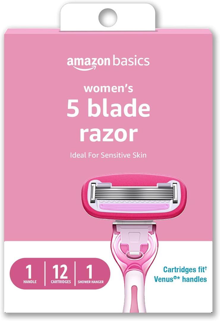 Amazon Basics Women's 5-Blade Razor for Smooth, Close Shave, FITS Amazon Basics Handle and Venus Handles, Ideal for Sensitive Skin, Includes 1 Handle, 12 Cartridges & 1 Shower Holder