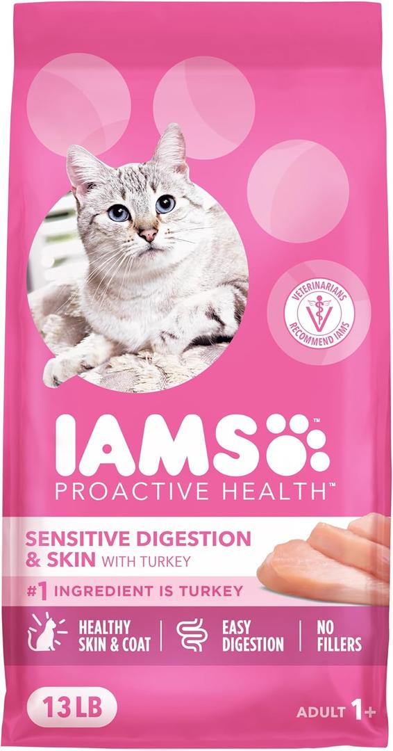 IAMS Proactive Health Sensitive Digestion & Skin Dry Cat Food, Adult Cat Food Dry Recipe with Real Turkey, 13 lb. Bag (EXP 02/22/26)