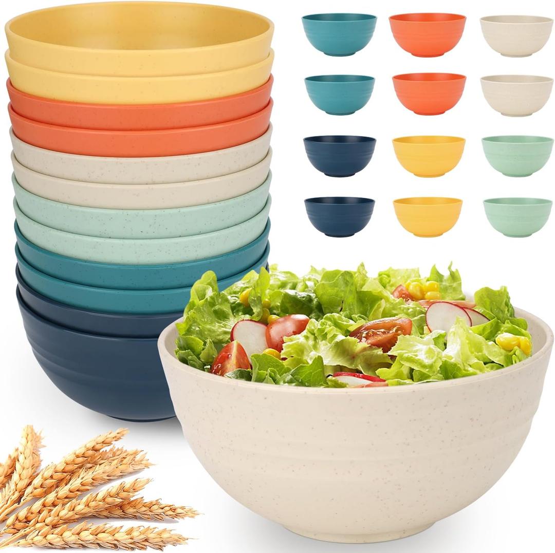 12 PCS Unbreakable Cereal Bowls Set, 26 Oz Wheat Straw Bowl Sets, Microwave & Dishwasher Safe Bowls for Kitchen, Reusable Plastic Bowl for Soup, Salad, Rice, Snack, BPA Free, Multicolor