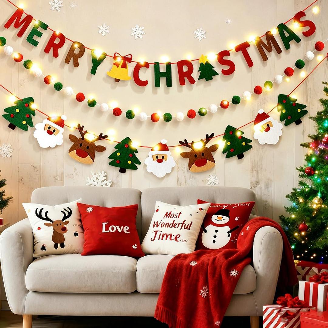 Christmas Garland Merry Christmas Banner 3 Sets with Led String Lights Tree Santa Claus Balls Hanging Ornaments Bunting Banner Garlands Window Decorations Felt Party Supplies for Wall Doorway Decor