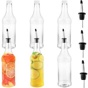 12 Pieces 32oz Plastic Long Neck Bottles with Pourer and Caps, Plastic Juice Pour Bottles with Stainless Steel Bottle Pourer, Clear Empty Syrup Liquor Bottles with Tapered Spout for Bar