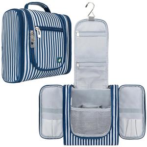 PAVILIA Toiletry Bag Travel Bag for Women Men, Hanging Cosmetic Organizer, Water Resistant Makeup Bag for Accessories Toiletries, Large Travel Essentials Kit (Stripe Navy) (Standard (9x4x9))
