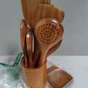 Mooues 9 Piece Natural Teak Wooden Kitchen Utensil Set with Spoon Rest - Comfort Grip Cooking Spoons and Utensils Holder