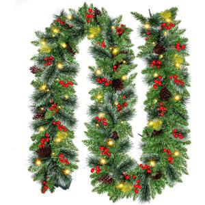 9ft Christmas Garland with Snow, Pinecones, Red Berry,50 Battery Operated Soft White LED Lights with Timer, Artificial Holiday Decoration Door Outdoor