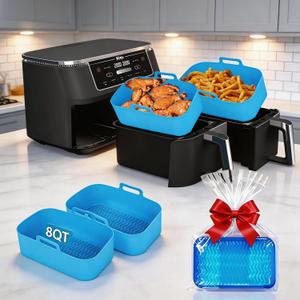 Ninja Silicone Air Fryer Liners - Reusable 8QT Dual Basket DZ201 - Rectangular 2-Pack Vacuum-Packed Easy-Clean Dishwasher-Safe Food-Safe for Home Chefs - Housewarming Gifts