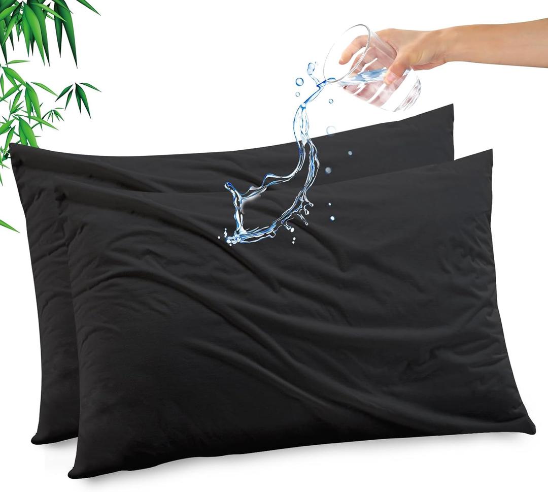Gogreen Bamboo Rayon Waterproof Protector, Breathable Cover, Cooling Case with Zipper, Super Soft Pillow Cover (2 Packs, Queen 20"x30", Black)