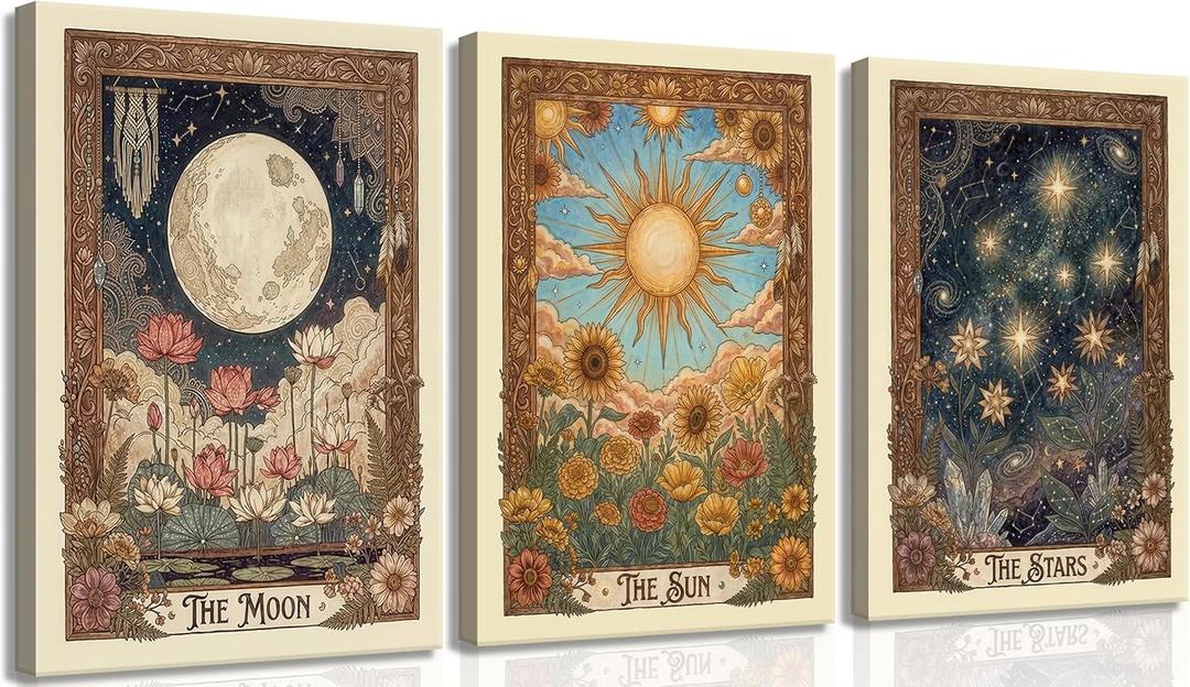 3Pcs Tarot Canvas Wall Art Boho Flower Mystical Astrology Painting Vintage Sun And Moon Celestial Botanical Posters Print for bedroom living room meditation space Decorations Direct Suspension