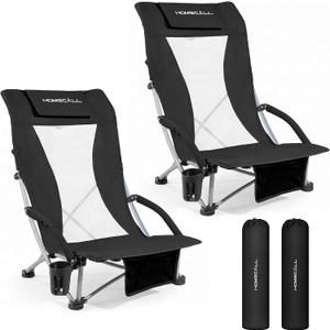 2 Pack Low Beach Chairs for Adults with High Back, Support 400LBS | Portable Beach Chair with 3-Position Adjustable Upper Backrest, Neck Support & Cup Holder for Beach, Caming, Black