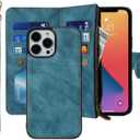 iCoverCase Compatible with iPhone 13 Pro Wallet Phone Case with Card Holder, PU Leather Zipper Pocket Magnetic Detachable Flip Case with Wrist Strap (Blue)