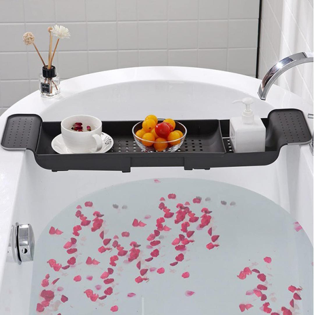 Expandable Drain Bath Shelf Caddy Tray, Multifunctional Plastic Bathtub Tray Bathroom Organizer Simple Stylish Bathtub Storage Rack for Candle Towel, Book, Wine, Phone, Shower (Grey - 1pcs) (Large)