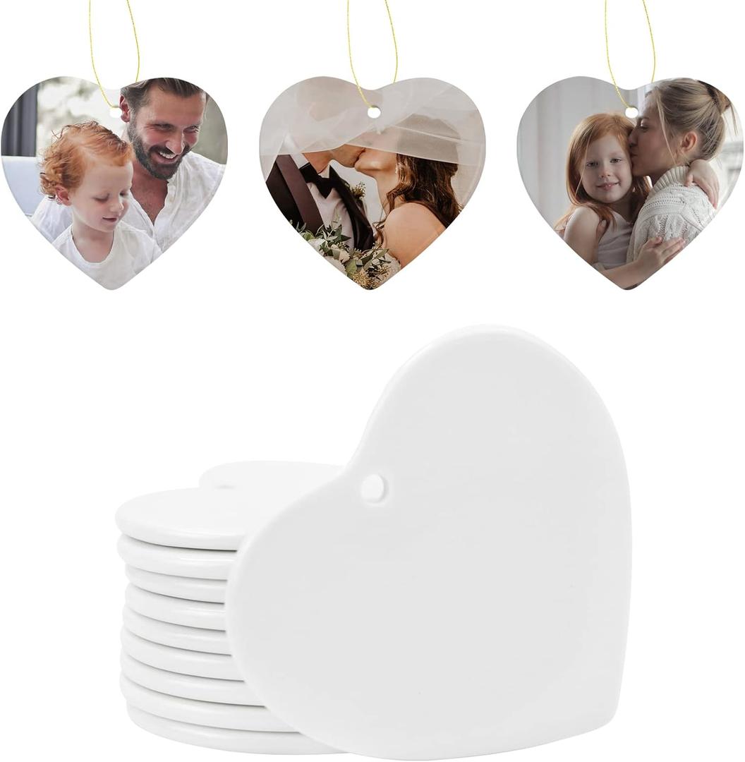 10 PCS Sublimation Blank Ceramic Ornament Heart Shaped Ornament 2.9 Inch White Heart Shapet with red String for Crafting Christmas Tree Decor for DIY Personalized Home Decor Bulk