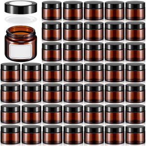 Layhit 60pcs 2 oz Glass Jars with Lids Bulk, Small Jars Containers Travel Storage Jar with Inner Liners Labels for Candle Scrubs, Lotions, Cream, Lip Balm (Amber,Black Lids)
