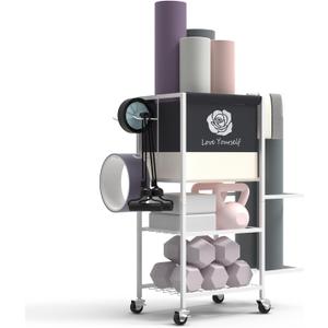 Yoga Mat Storage RackHome Gym Storage Rack Gym Workout Equipment Storage Organizer Fitness Weight Rack on Wheels for Yoga Mat,Yoga Block,Foam Roller,Resistance Band,Dumbbell,Kettlebell and Other Workout Accessories