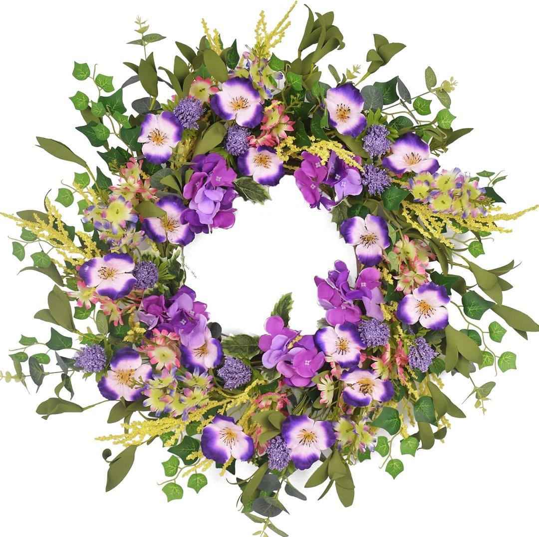24 Inch Spring Wreaths for Front Door, Summer Door Wreath Outside, Artificial Purple Hydrangea Wreath for Home Wall Indoor Decor