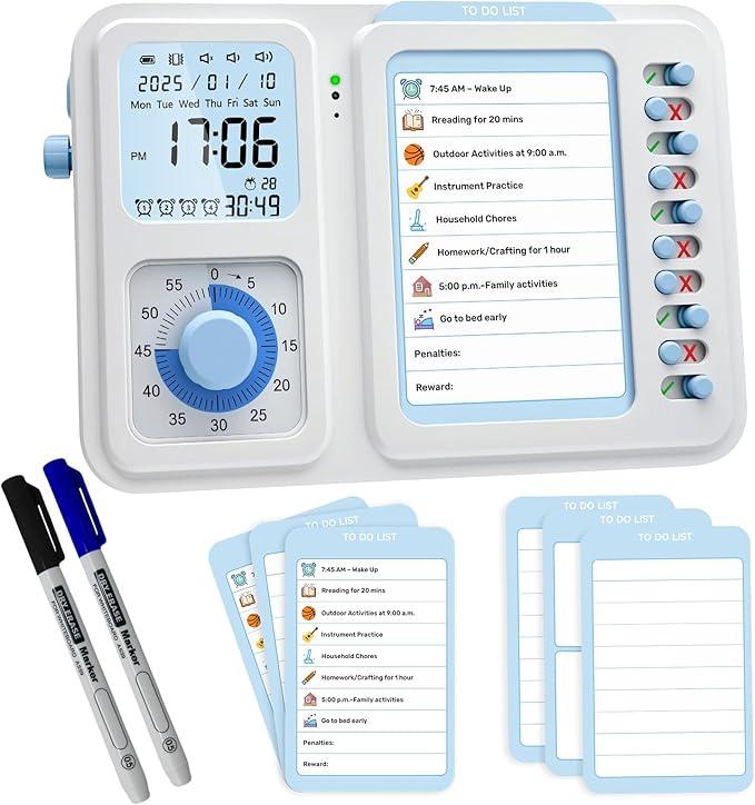 3in1 Visual Timer & ADHD Tool for Kids|Adults, Task Timer with Chore Chart Board, Visual Schedule for Kids with Autism, Daily Checklist for Home, School, Classroom, Desk
