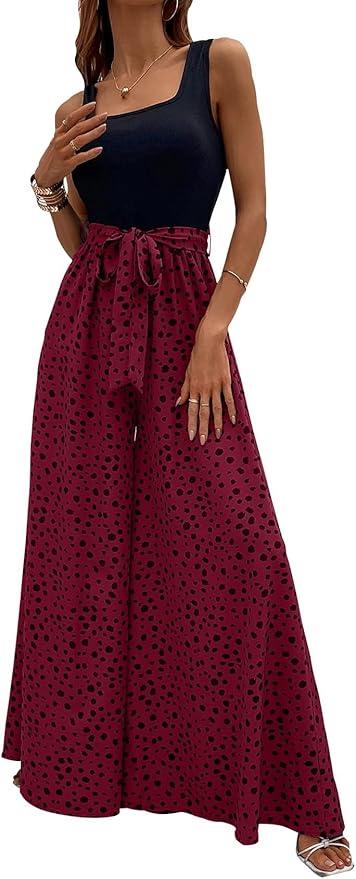 Yajedo Women's Jumpsuits Dressy Casual Summer Loose Wide Leg Tank Top Jumpsuit with Belt(XL)