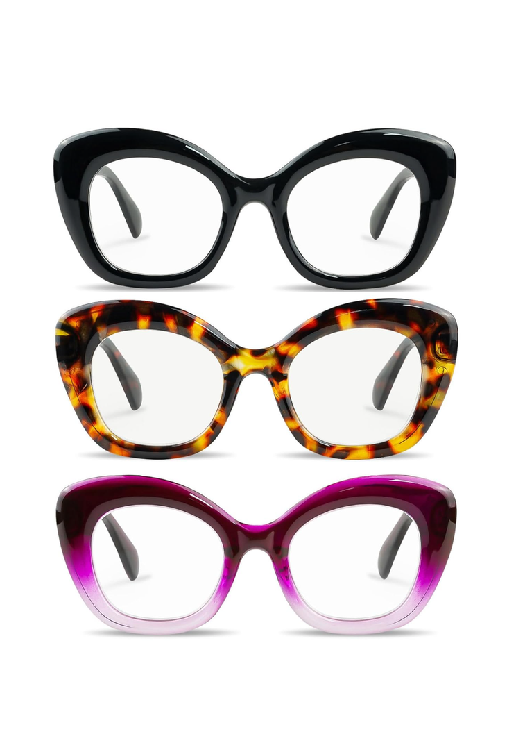 Reading Glasses for Women 3 Pack Oprah Stylish Cat Eye Oversize Readers Blue Light Blocking with Spring Hinge
