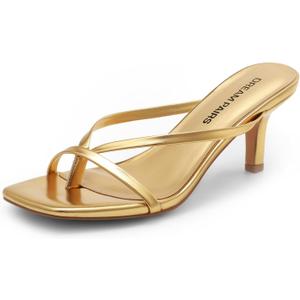 DREAM PAIRS Heels for Women Flip Flops Kitten Low Heels Open Square Toe Thong Heeled Sandals, Sexy Fashion Comfort Shoes for Party Casual Slides (6, Gold)