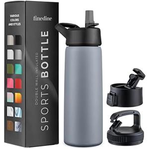 FineDine Triple Walled, Insulated Water Bottles with Straw - 25 Oz Stainless Steel Metal Bottle W/ 3 Leak Proof Lids - For Travel, School, Sports, Gym/Men, Women & Kids - Modern Lava Gray