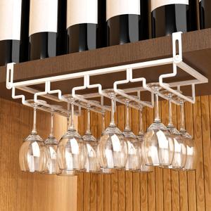 AUHOKY 2Pcs Adjustable Wine Glass Rack Under Cabinet, Punch-Free 4 Rows Stemware Wine Glass Metal Holder, Hanging Wine Glasses Storage Hanger Organizer for Shelf Kitchen Bar Decor(White, 4 Rows)