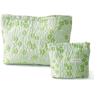 PLOPONOM 1 Pieces Travel Makeup Pouch,Large Capacity Cosmetic Bag for Women,Green Floral Cosmetic Organizer,Portable Toiletry Pouch,Seal with Zipper, Green